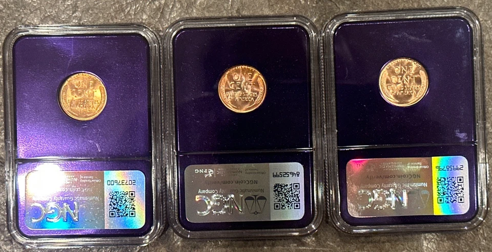 THREE (3) Lincoln Wheat Cents NGC 1958 D MS66 RD Purple Core - Image 2 of 4