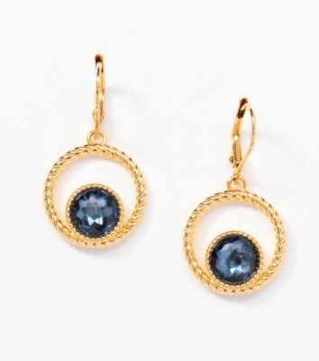  Touchstone Crystal Earrings 1 1/4  Blue Drop Gold Ion Plating New Condition
