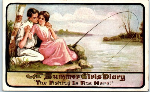 Lovers cuddling while fishing at the Lake Art Print - Love/Romance ...