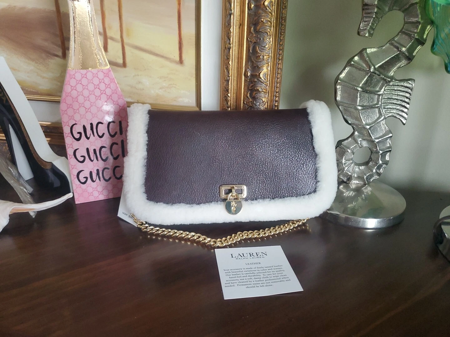 RALPH LAUREN Tanner Leather Bag Shearling Trim Gold Medallion Shoulder Chain Nwt