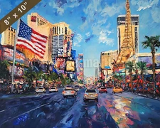 Las Vegas Strip with USA flag waving oil painting 8x10 Print