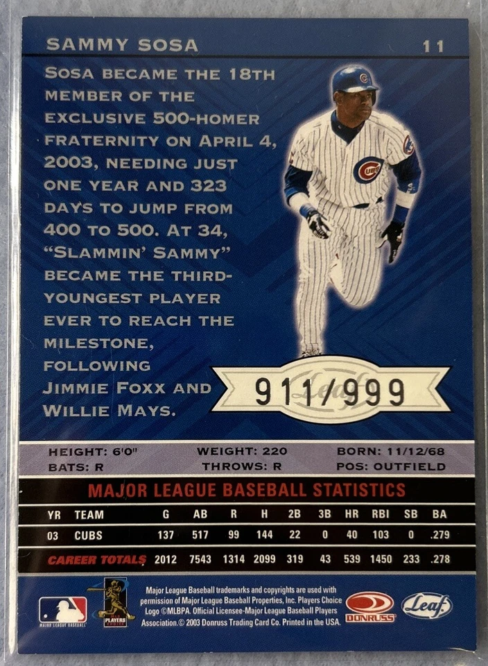 2004 Leaf - Limited Previews #11 Sammy Sosa /999 Chicago Cubs - Image 2 of 2