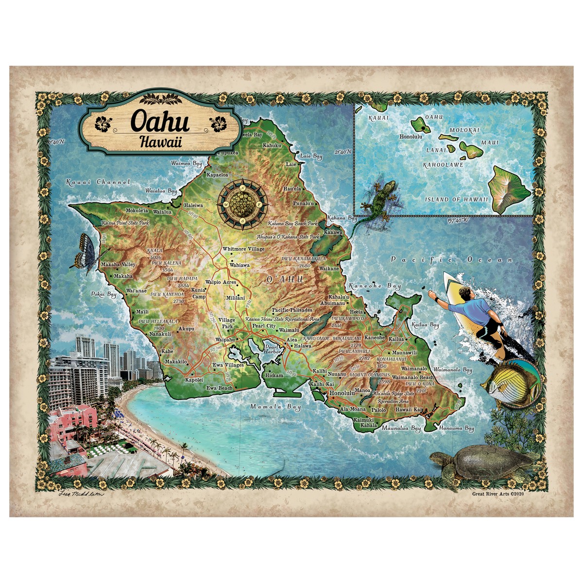 Oahu Hawaii Map Art Print Poster Vintage Wall-Unframed Great Home