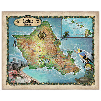 Oahu Hawaii Map Art Print Poster Vintage Wall-Unframed Great Home
