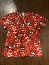 Disney Mickey Minnie Mouse Red Kiss Mock Wrap Valentine Medical Scrub Top Size M