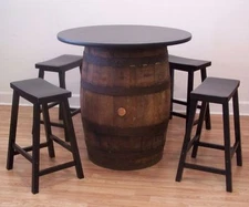 White Oak Whiskey Barrel Table-36" Tabletop (4) 24" Black Bar Stools