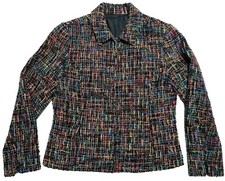 Coldwater Creek Sz10 Tweed Zip Up Blazer Jacket Black Multicolor Wool Blend Pkts