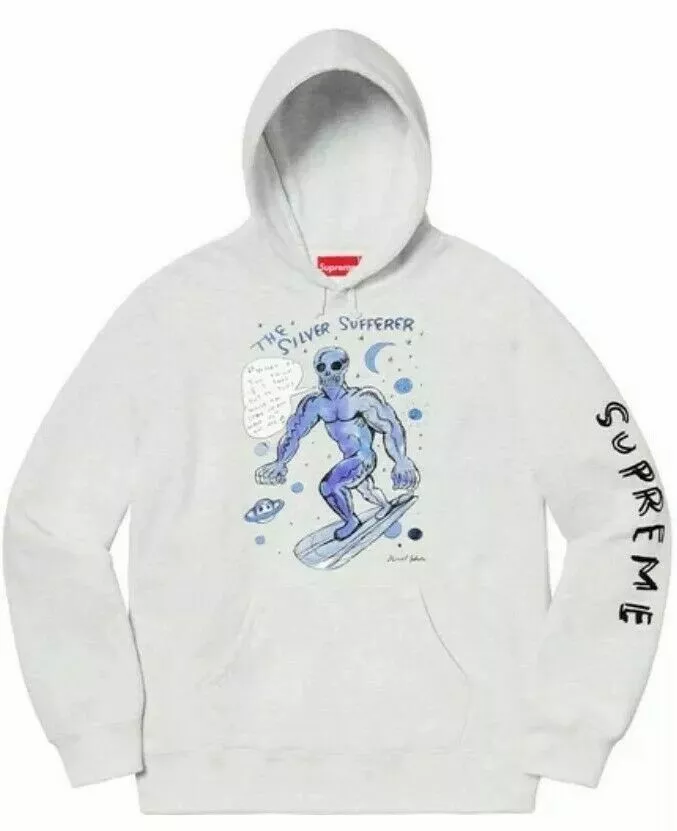 Neuf avec étiquettes sweat shirt à capuche homme Supreme Daniel Johnston gris cendres argent surfeur grand