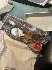  Mango Retro Slingback Shoes Blue Brocade Red Trim