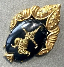 Vintage Siam Brooch Estate Jewelry Thailand Dancer Mekkala Goddess Black Gold XL