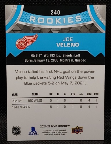 Joe Veleno 2021-22 Upper Deck MVP Hockey Rookie Short Prints #240 Detroit - Picture 2 of 2