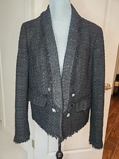 Express Open Front Blazer Womens Black Tweed Jacket L Fringe Gold Buttons MINT