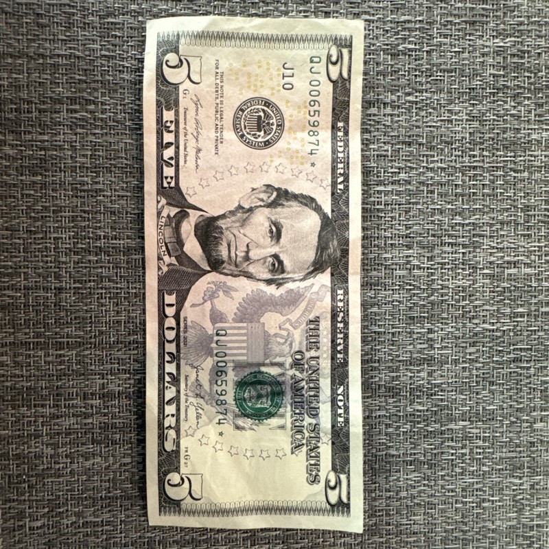 2021 $5 Star Note Plus Straight 4 through 9 Serial Number QJ00659874 circulated 