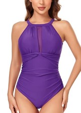 Vevarble Swimming Costume Mesh High Neck Tummy Control, Purple, L (UK12/14)