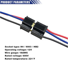 2PCS H4 Wiring Harness Headlight Connector, 3 Wire Way Male Power Plug Replac...