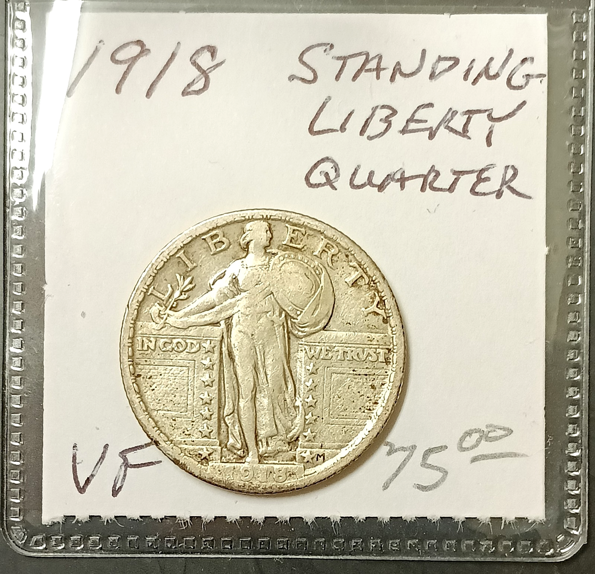 1918 Standing Liberty Silver 25C Quarter Dollar in Choice VF