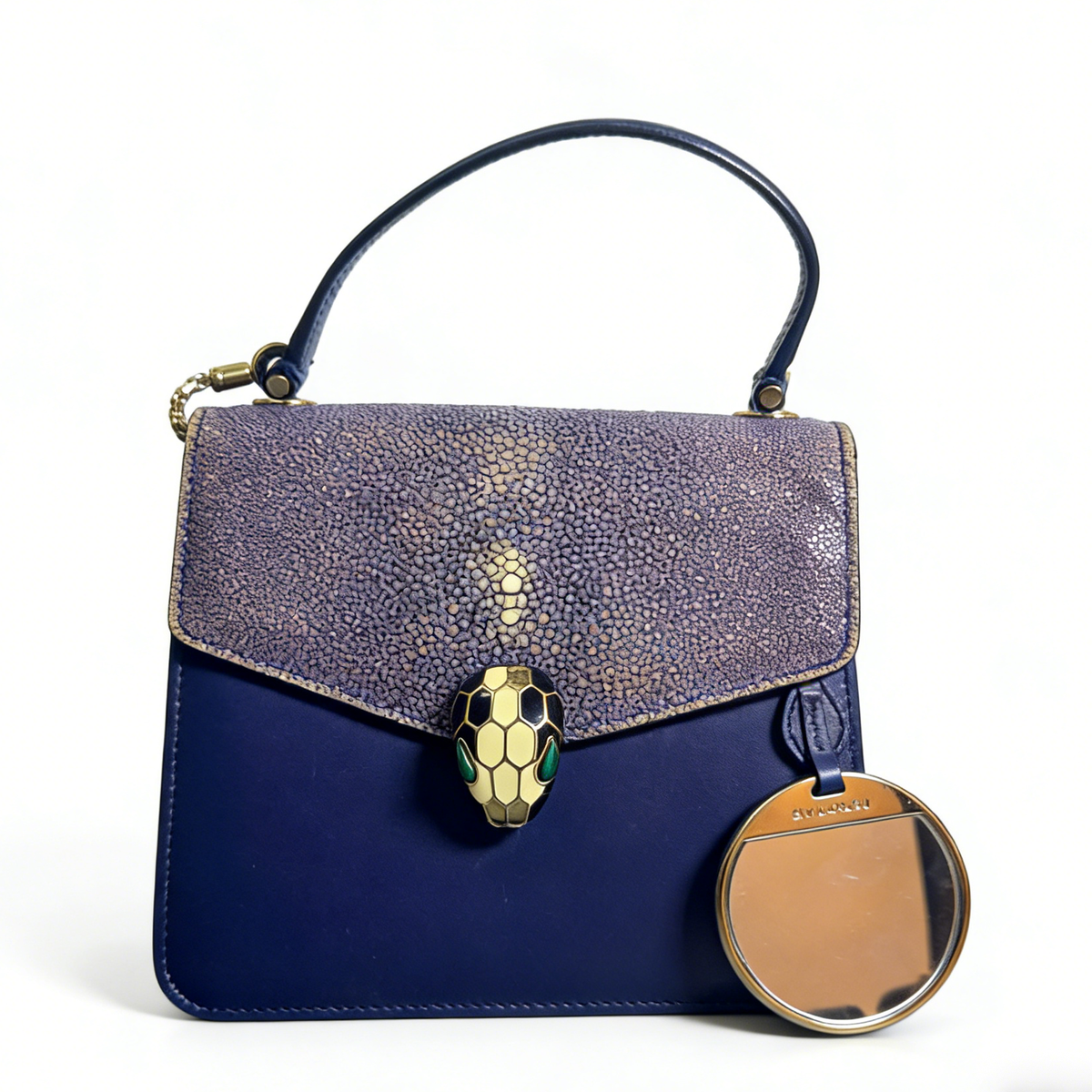 AUTH Bvlgari Serpenti Forever Navy Leather Stingray Flap Top