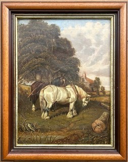 19 th Century Antique Oil Painting Working HORSES restihg under a TREE signed