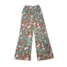 Vintage 70s Dark Green Floral Wide Leg Pants High Rise Bell Bottom S