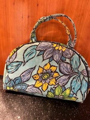 1960s vintage flower power mod purse bright turquoise gold tote toiletries bag