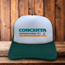 Sombrero de Camionero Concerta Para Hombres Verde SNC Estimulante TDAH Dopamina Droga Etiqueta Farmacéutica