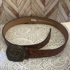 Western Floral Engraved Tooled Leather brass copper patina floral buckle sz 36