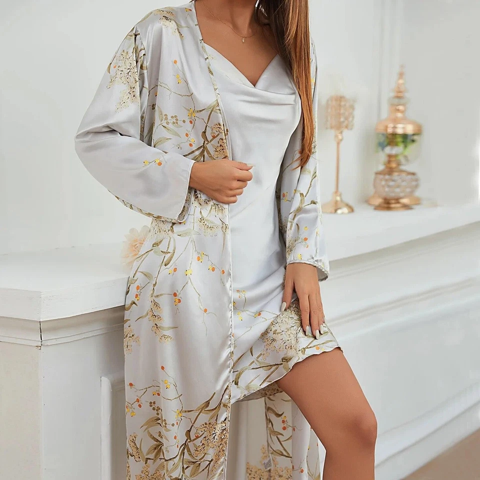 Sexy Women Long Bath Robe Night Dress Set Sleepwear Nightgown Lingerie Home Wear - Image 4 of 4