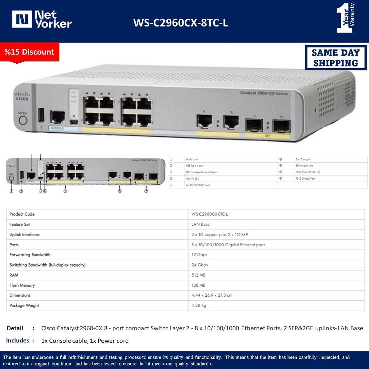 Cisco WS-C2960CX-8TC-L 8 Port 2960CX Gigabit LAN Base Switch 
