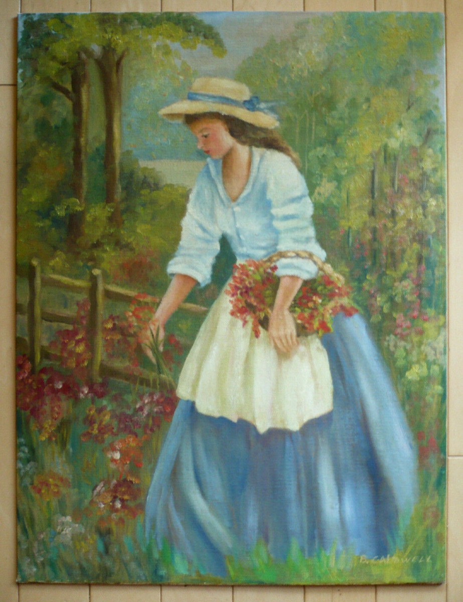 CALDWELL, WOMAN PICKING FLOWERS LUSH GREEN TREES LANDSCAPE VINTAGE