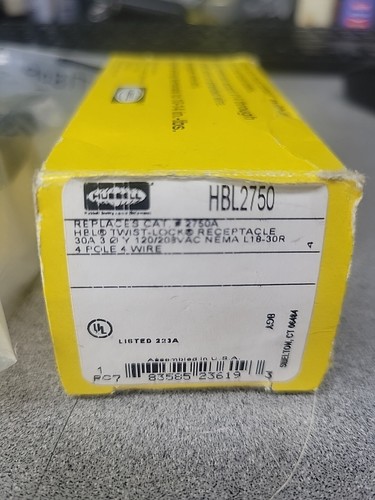 Hubbell, HBL2750, Twist Lock Single Receptacle, 4 Pole, New 3D099, 2750A - Picture 2 of 6