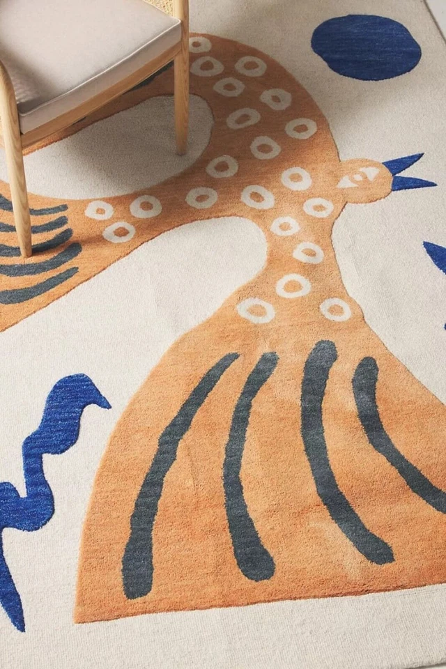 Alfombras de lana acolchadas a mano naranja blanco animales pájaros para habitación de niños, alfombra de dormitorio Foto 2 de 4