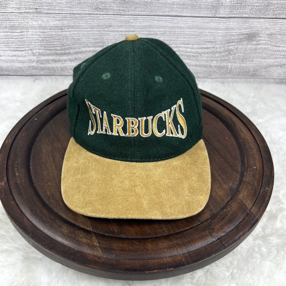 Vintage Starbucks spell out suede and wool Forest Green tan hat Star pacific Vintage Starbucks Strap-back Hat Green Wool Made In USA  main image 2