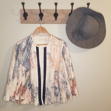 Chicos Open Front Jacket Paisley Linen Blend Watercolor Textured Fringe Sz 3 EUC