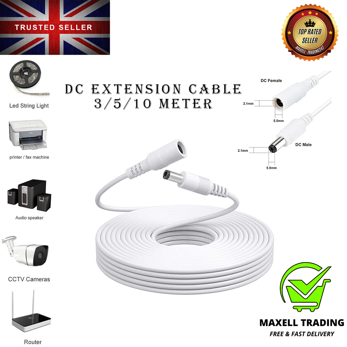 DC 12V Power Supply Extension Wire Cable 3M/5M/10M for CCTV Camera