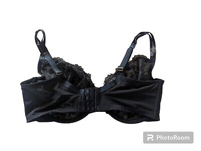 Cacique Unlined Balconette Bra 42F Black Sheer Gold Metallic Lace Double  Strappy