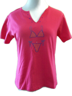 Fashion Bug MS Tropical Women's Short Sleeve T Shirt S Pink Jewel Bikini V-Neck