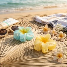 Summer Beach Plumeria Hair Clamps, 2Pcs Blue Yellow Flower Shark Jaw Hair Clips