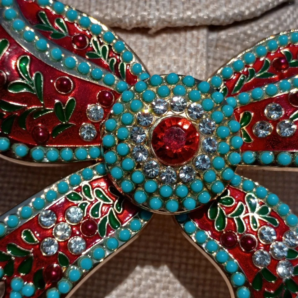 Christmas Brooch Poinsettia Bow Red & Green Enamel Teal Rhinestone Gold Tone - Image 4 of 4