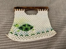 Vintage 1970's Crochet Macrame Turtle Bag Wood Handle - Philippines