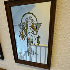 Framed Wall Mirror Art Nouveau Lady Print, Brown Wood Effect Frame, 40.5cm