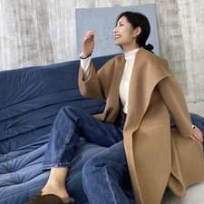 Women's 100% Wool Cashmere Long Lapel Collar Jacket Loose Warm Outwear Overcoat