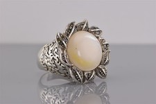 Sterling Silver Mother of Pearl Marcasite Flower Statement Band Ring 925 Sz: 8