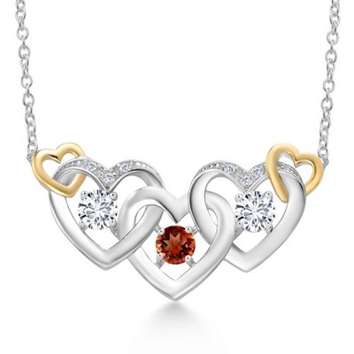 925 Silver and 10K Yellow Gold Garnet and White Lab Grown Diamond Heart Shape