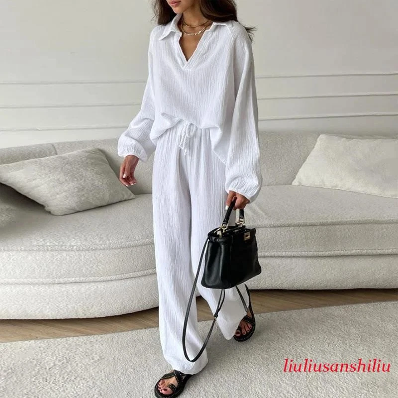 2PC Suit Women's Cotton Linen V Neck Long Sleeve Top Loose Casual Pants Summer