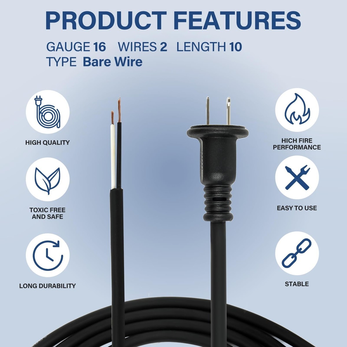 33007898 2-Wire 16 Gauge Power Cord Replacement (9.8ft) – Fits DEWALT Miter Saws, Circular Saws, Polishers & Sanders