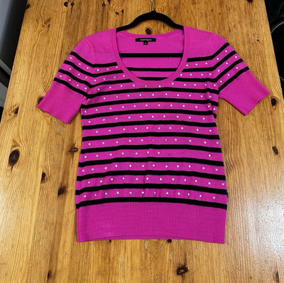 Nanette Lepore Pink Sweater Short Sleeve Merino Wool Rhinestone Stripes Glam XS