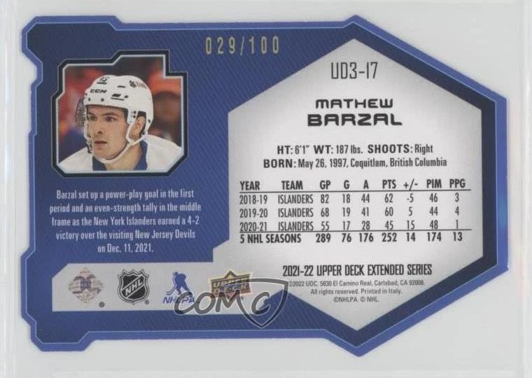 2021-22 Upper Deck Extended Series UD3 Gold /100 Mathew Barzal #UD3-17 - Image 2 of 2