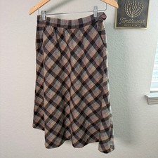 Women's Vintage A-Line Brown Blue Pink Plaid Midi Skirt Size Small