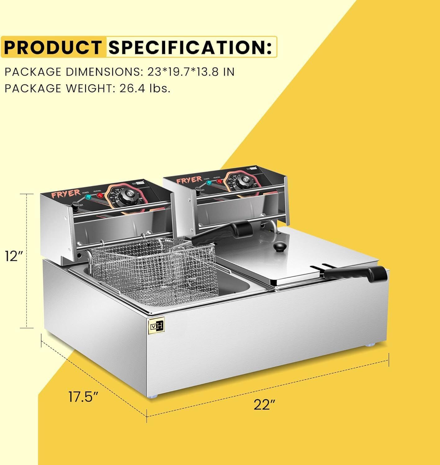 110V 20.7 Qt Commercial Electric Deep Fryer with 2 x 6.35 QT Removable Baskets