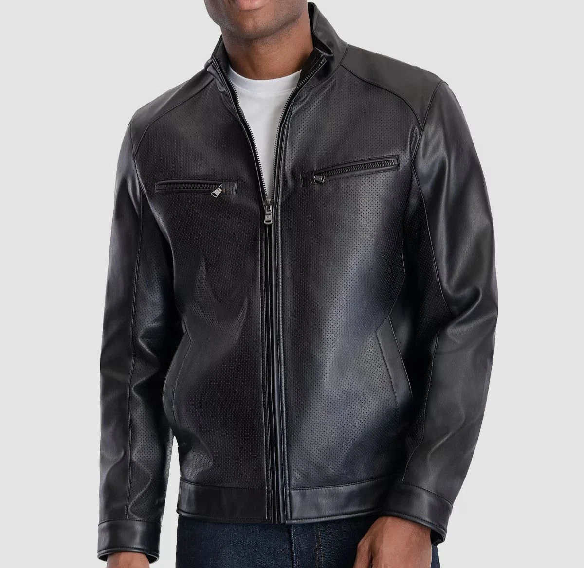 Giacca da moto Michael Kors da uomo nera forata finta pelle $226 taglia L